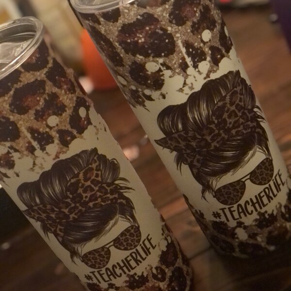20 OZ Glitter Leopard Teacher Life Messy Bun Sublimation Skinny Tumbler ...