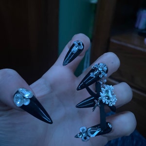 Black Goth Press on Nails With Charms Christmas Holiday Gift - Etsy