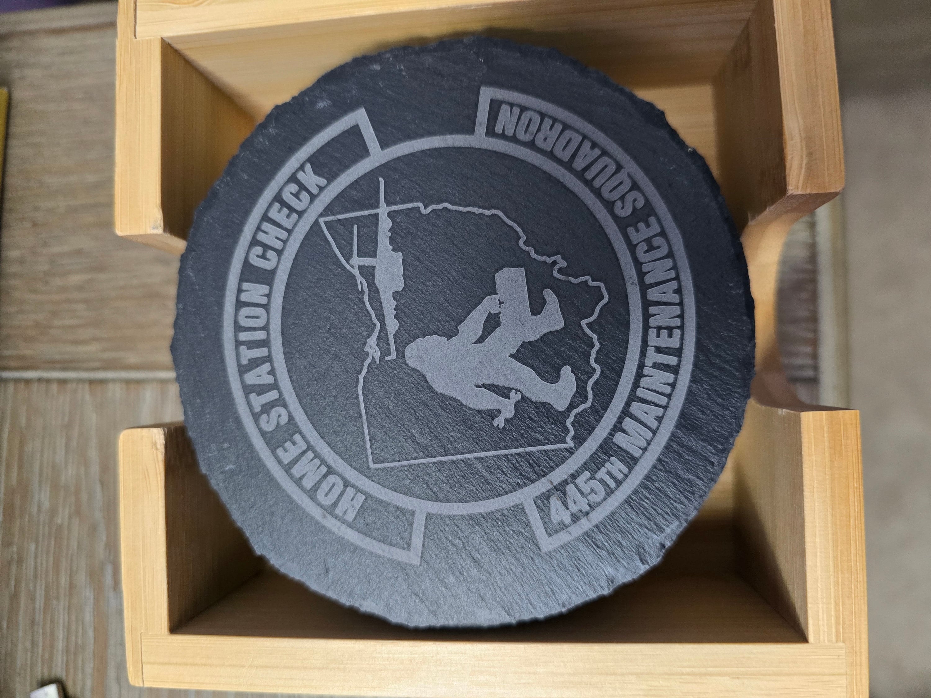 Customer photo of Set of 4 Custom Logo Engraved Slate Coasters with Bamboo Coaster Holder from Christopher