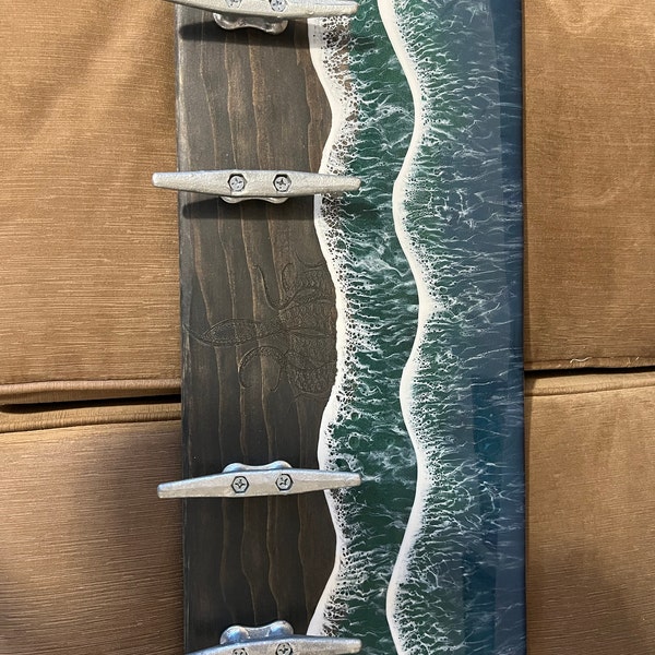 Dark Grey Ocean Bathroom Towel Rack, Kraken Octopus Rustic Beach Coat ...