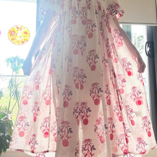 summer baby pink floral hand block printed women's maxi dress