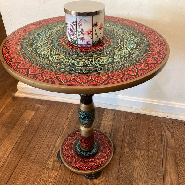 Artistic Side Table /end Tables - Hand Painted + Handmade Paisley Design -wooden Round Table for ...