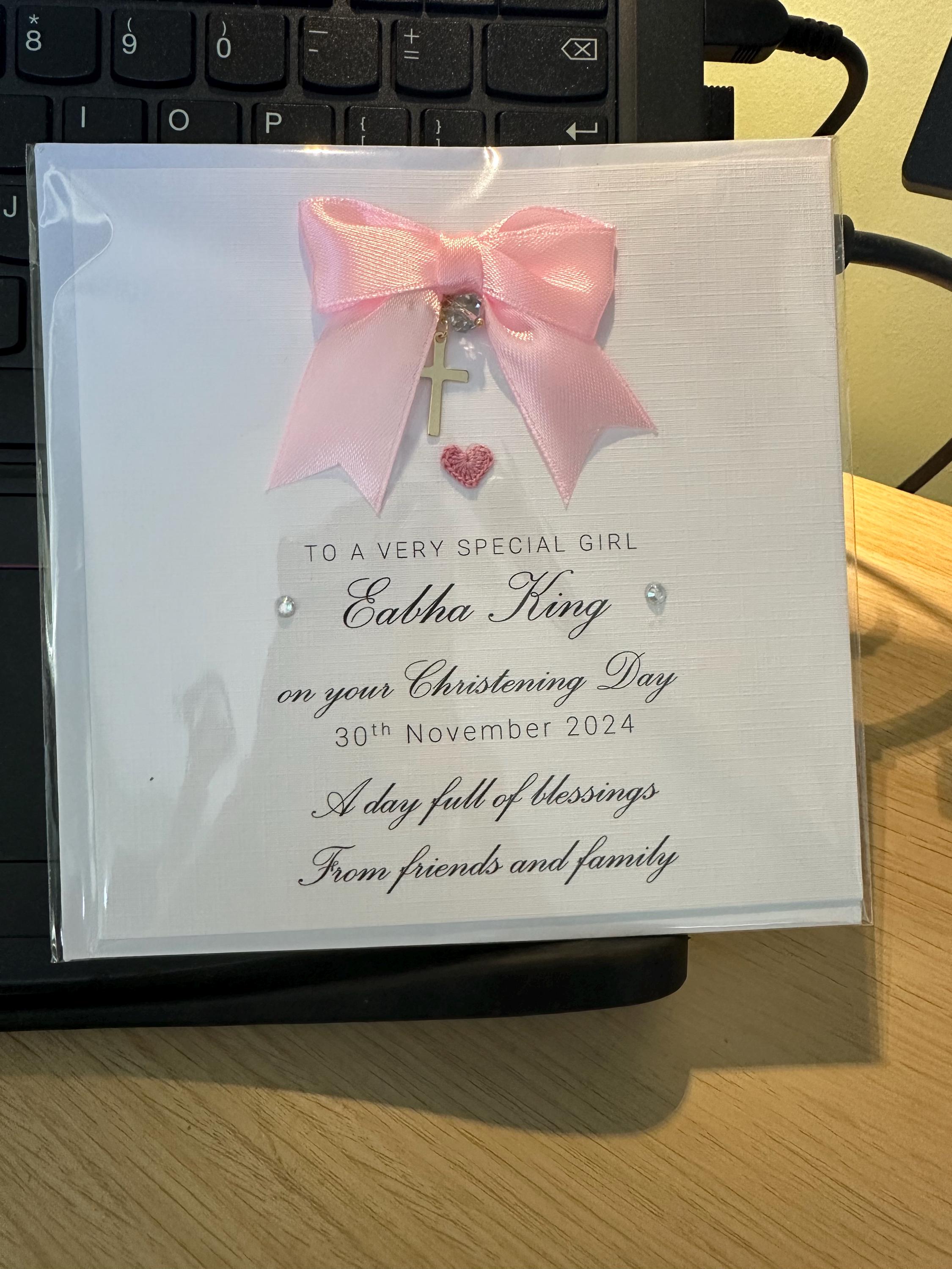 Luxury christening card for girls, personalised christening day, special handmade card, golden cross charm, sending blessings, TLC0012