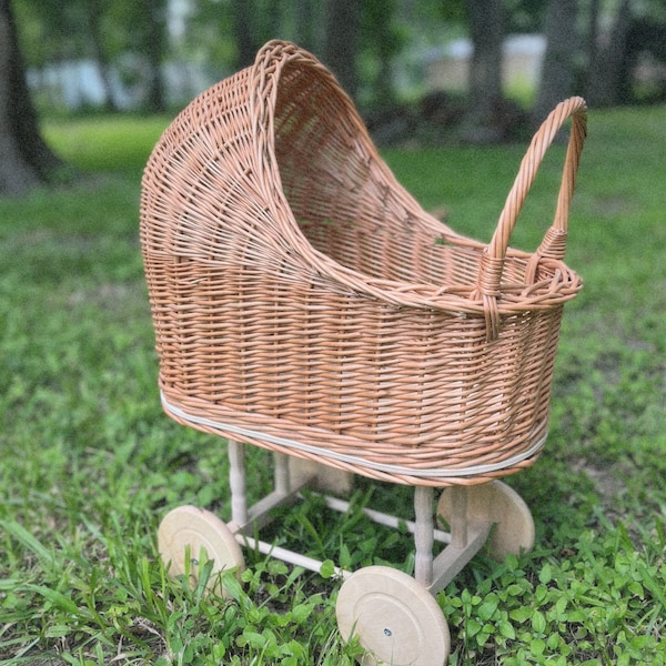 Toy Doll Stroller, Wicker Doll Pram, Baby Stroller With Doll Bedding ...