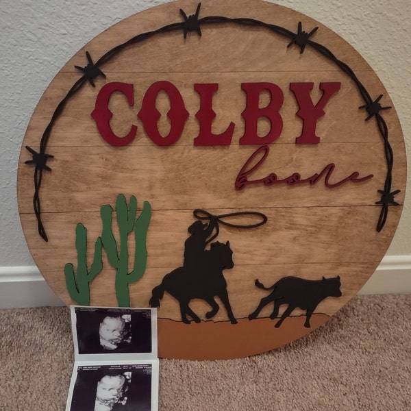 Western Cowboy Roping Calf Name Sign, Personalized Nursery Round Sign ...