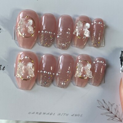 Clear Light Pink Glitter Butterfly Press on Nails/pink Glitter Nails ...