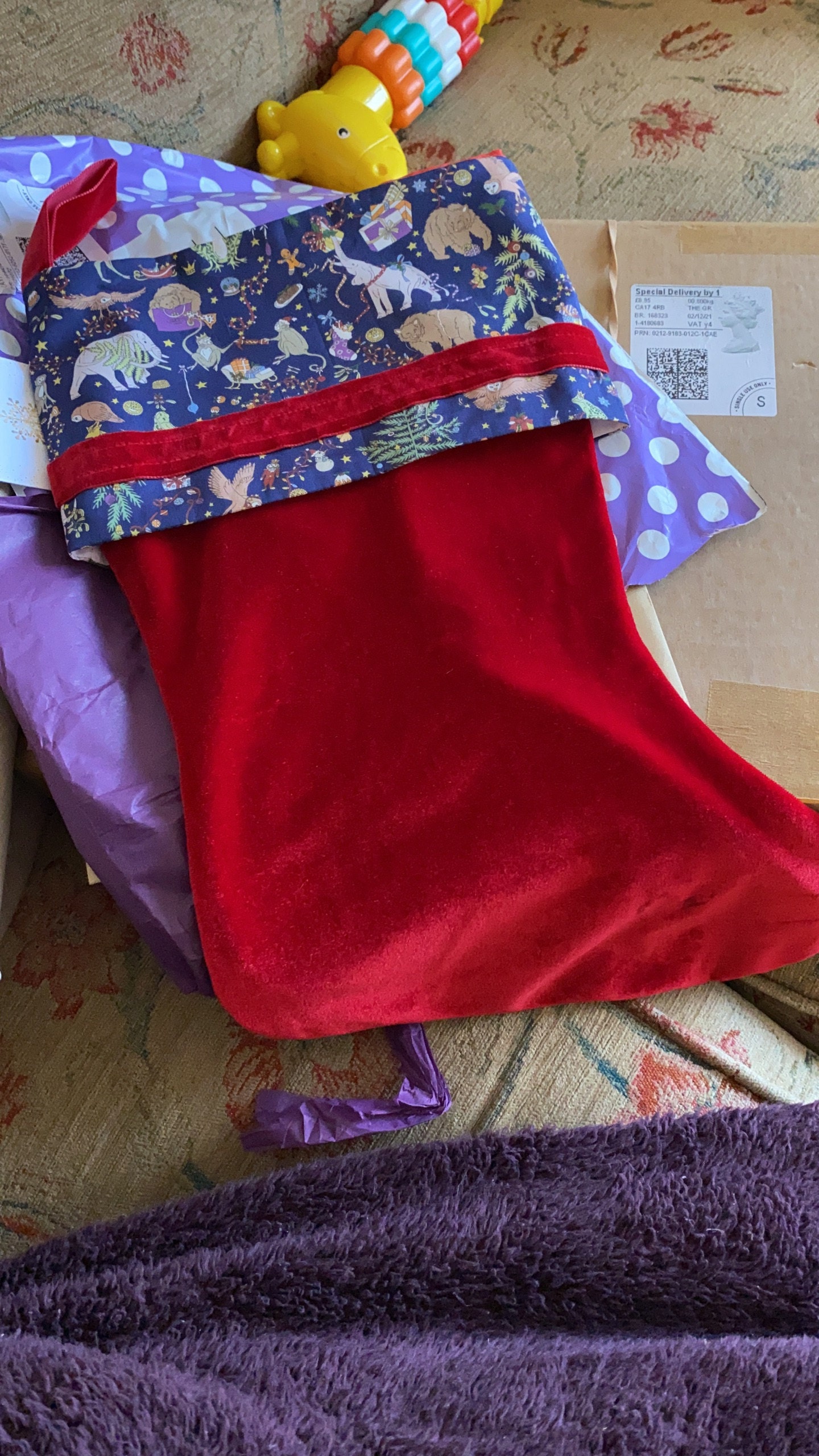 Liberty and velvet Christmas stocking with optional personalisation.
