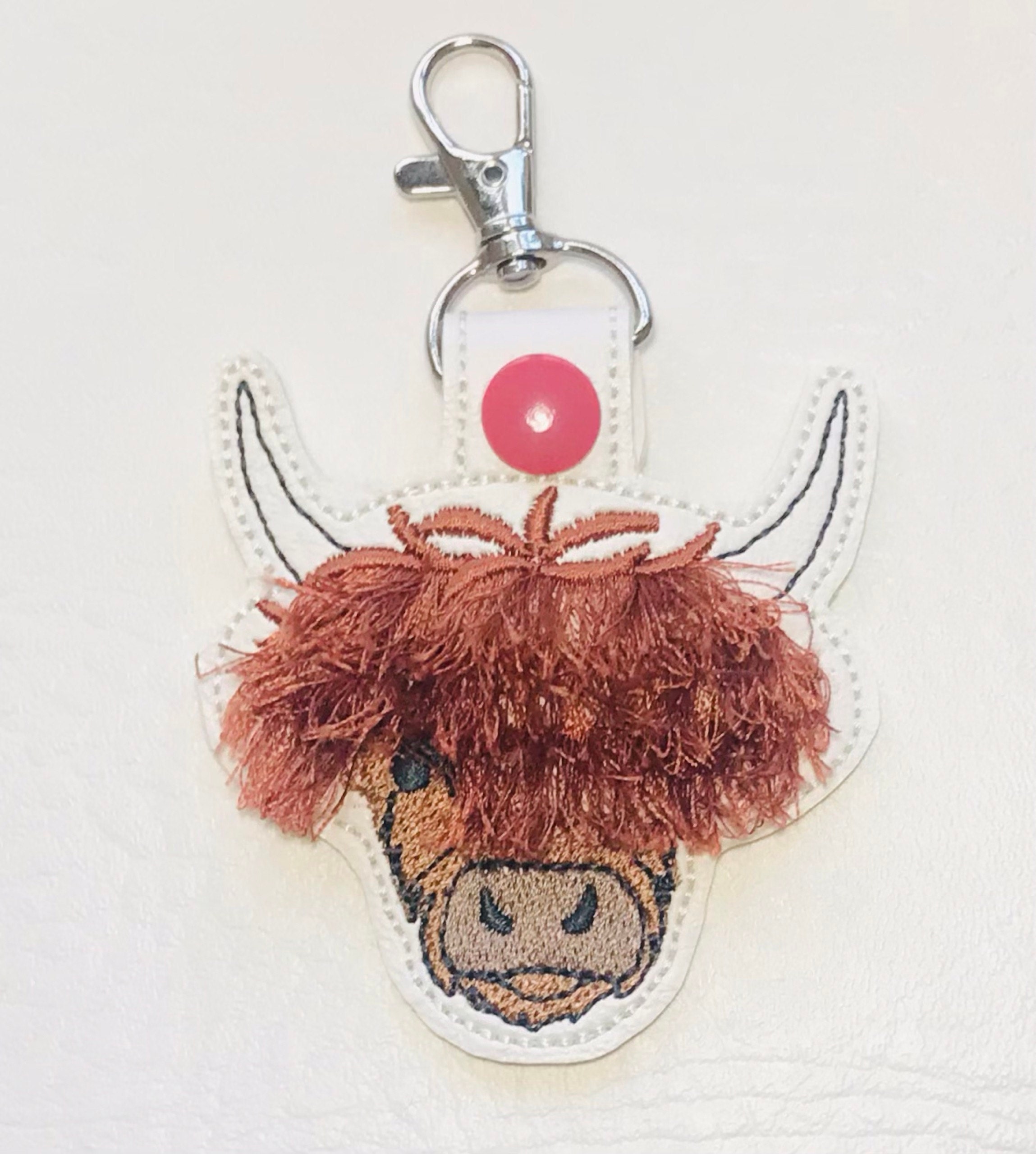Fringed Highland cow keychain key fob snap tab in the hoop machine embroidery designs ITH project Awesome fluffy fur cow kids backpack tag