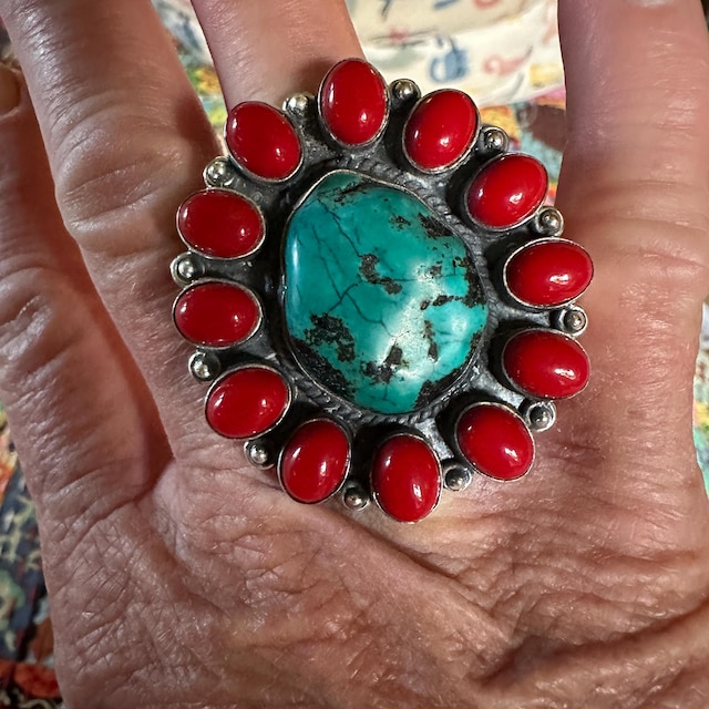 Bague En Argent Tibétain Avec Corail Rouge & Turquoise Naturels - Taille 8 - Pièce Unique Fait Main