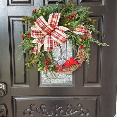 Rustic Cardinal Wreath, Chevron and Plaid Bow Wreath, Christmas Wreath ...