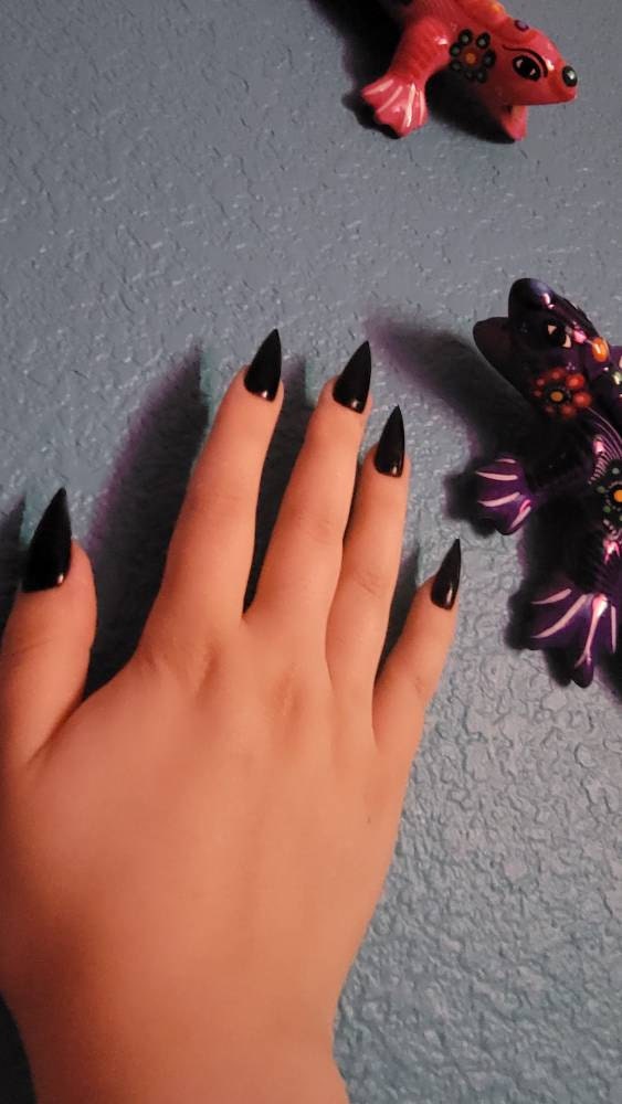 JELLY BLACK Korean style press on nail art, gothic simple clean nails for fall winter, halloween nails, goth, stiletto long medium short