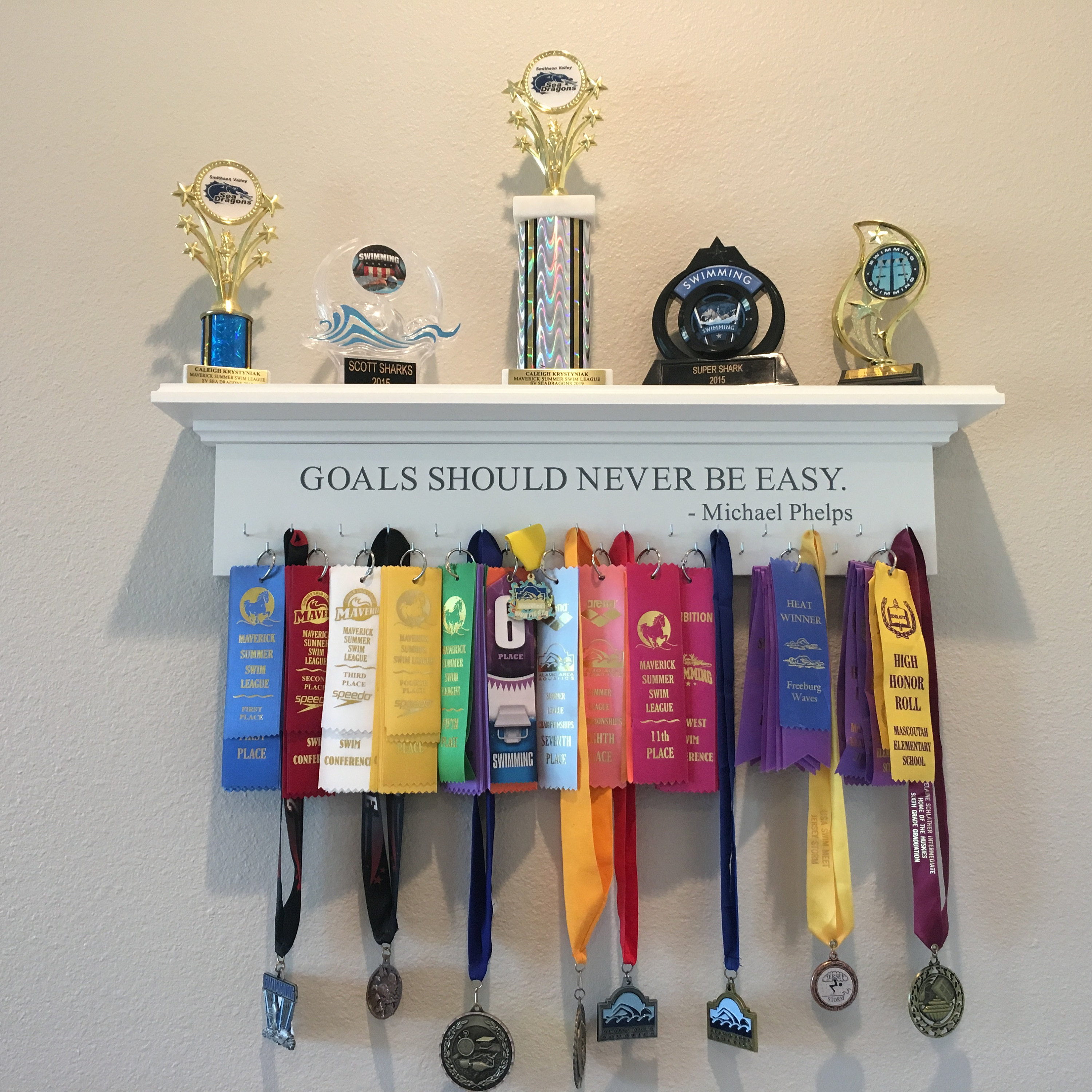 Medal Holder Champions Engraved Trophy Shelf Ribbon Holder Medal Hanger Award Display Personalized gift Trophy Rack Sports Award Display 30"