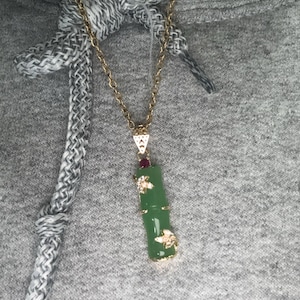 Dark Green Jade Bamboo Necklace with gold filled Chain , Nephrite Jade Pendant Necklace,Tiny Link Chain, Best Bridesmaid Gift