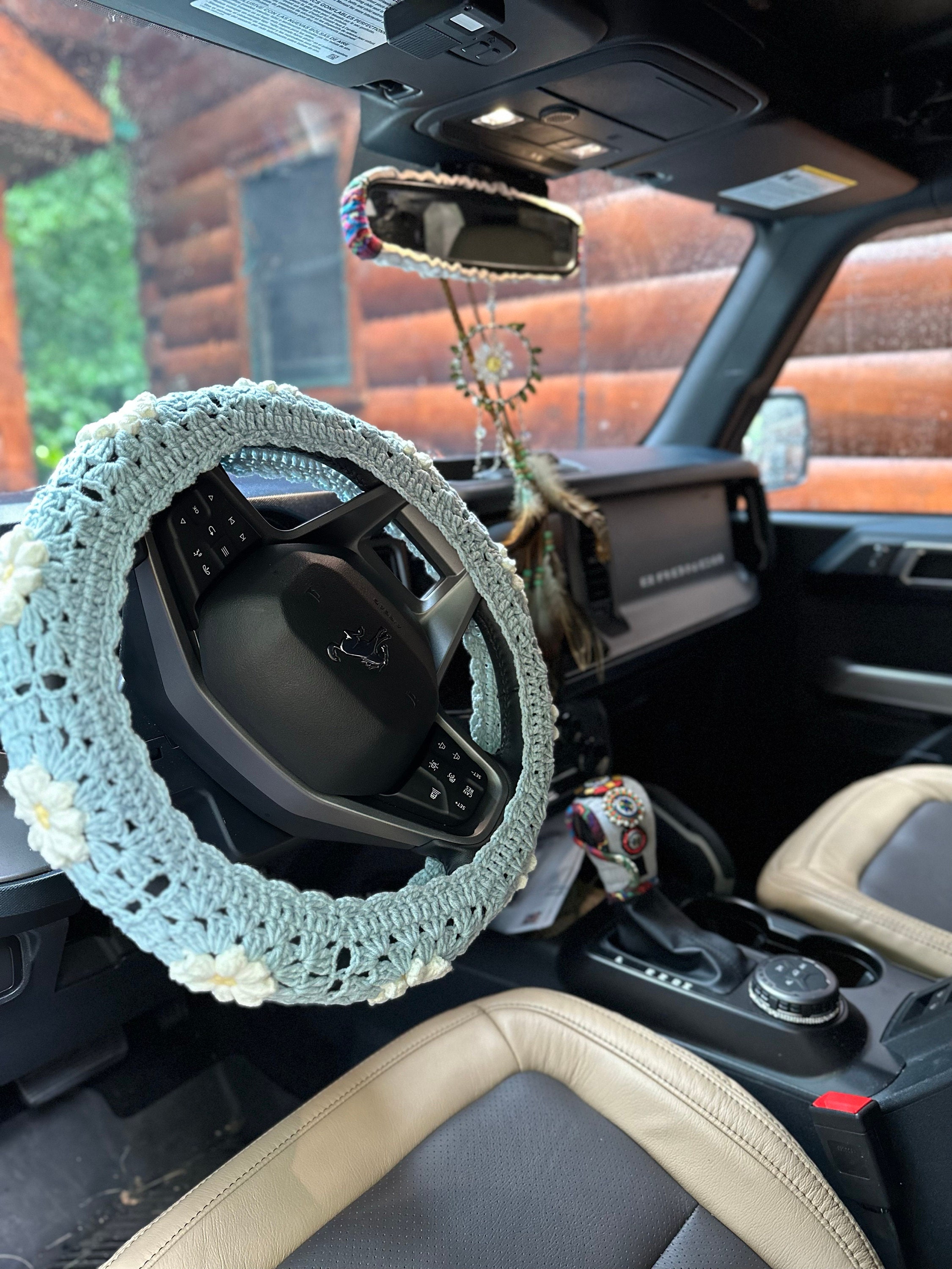 Lenkradhülle für Damen, Gehäkelte Daisy Blumen Sicherheitsgurthülle, AutoZubehör Dekoration