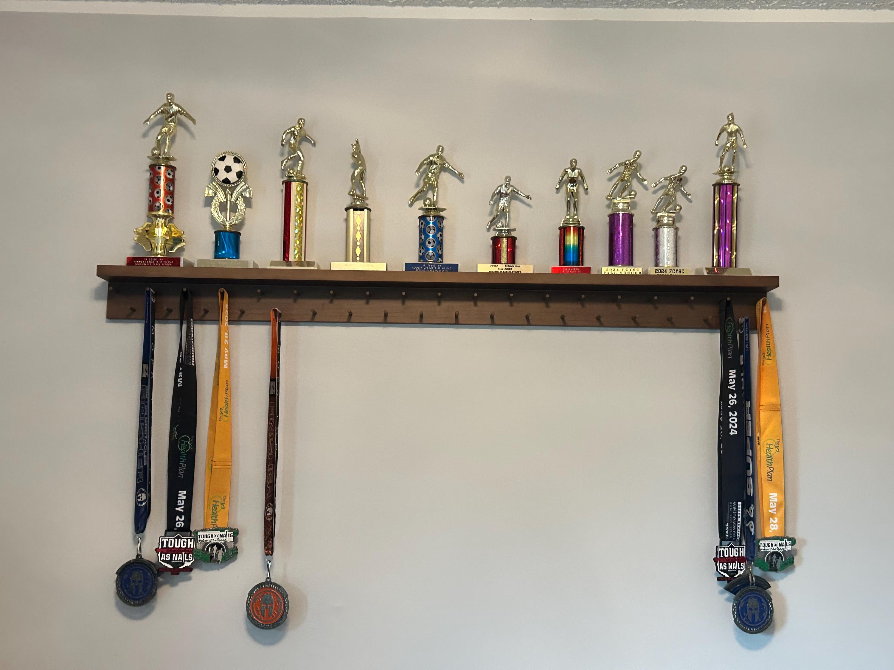 Medal Awards Rack Ultimate Medal Hanger Display and Trophy Shelf - Multi-Purpose Trophy and Medal Holder,  Solid Wood  and Patented Display