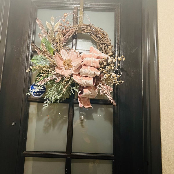 Victorian Soft Pink Grapevine Wreath With Magnolia and Wide Ribbon is ...