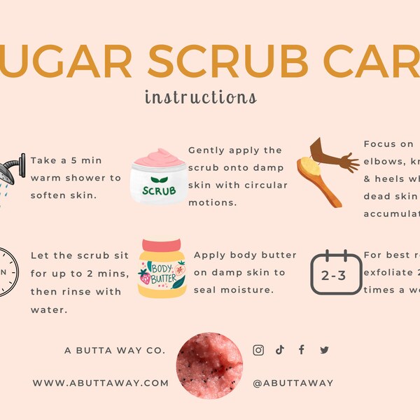 Scrub Application Editable Sugar Scrub Care Card Template, Body Scrub Care Instructions ...