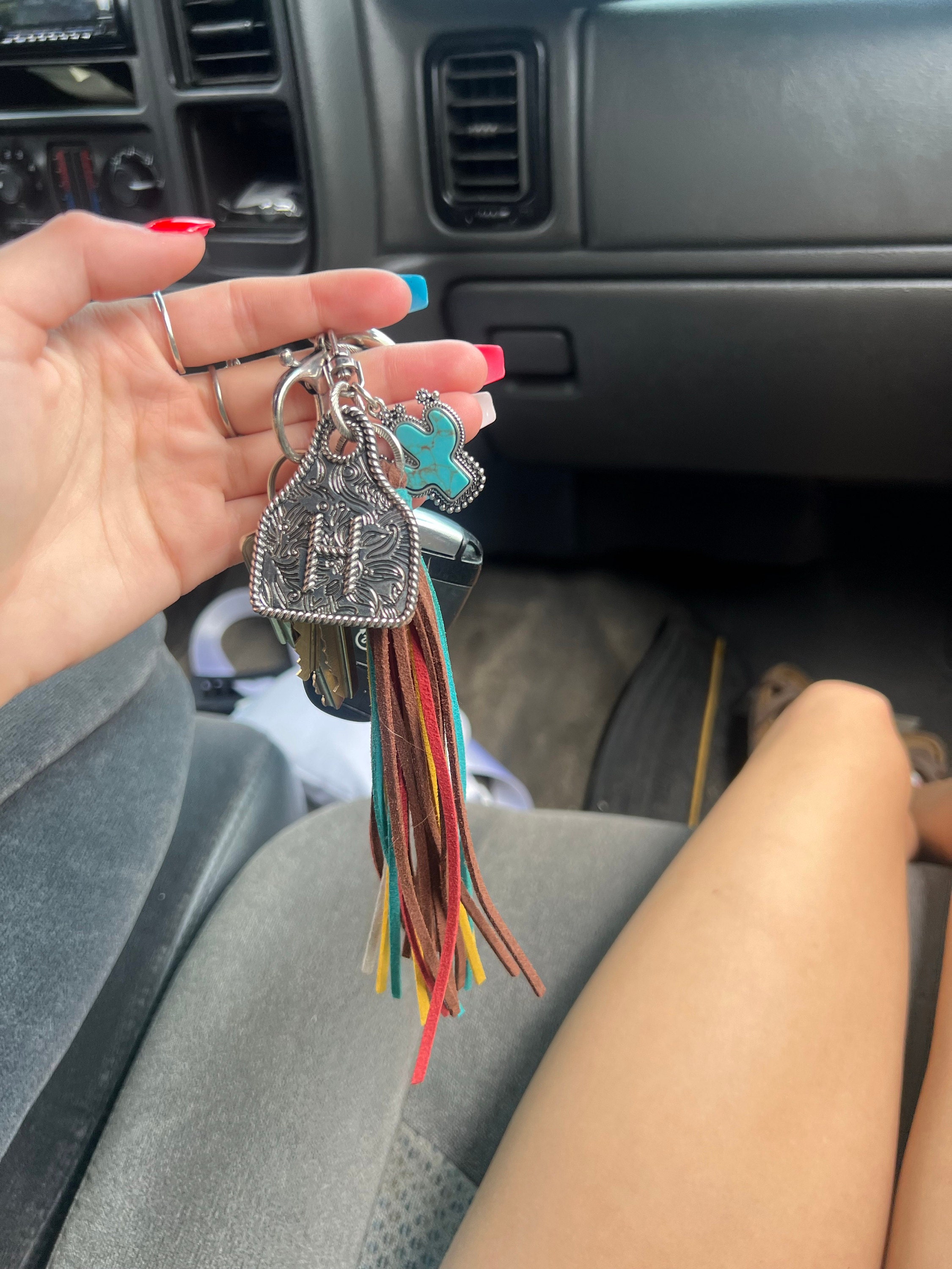 Initial Monogram Keychain/ Turquoise Charm/Initial Cattle Ear Tag Keychain/multi color tassel fringe keychain