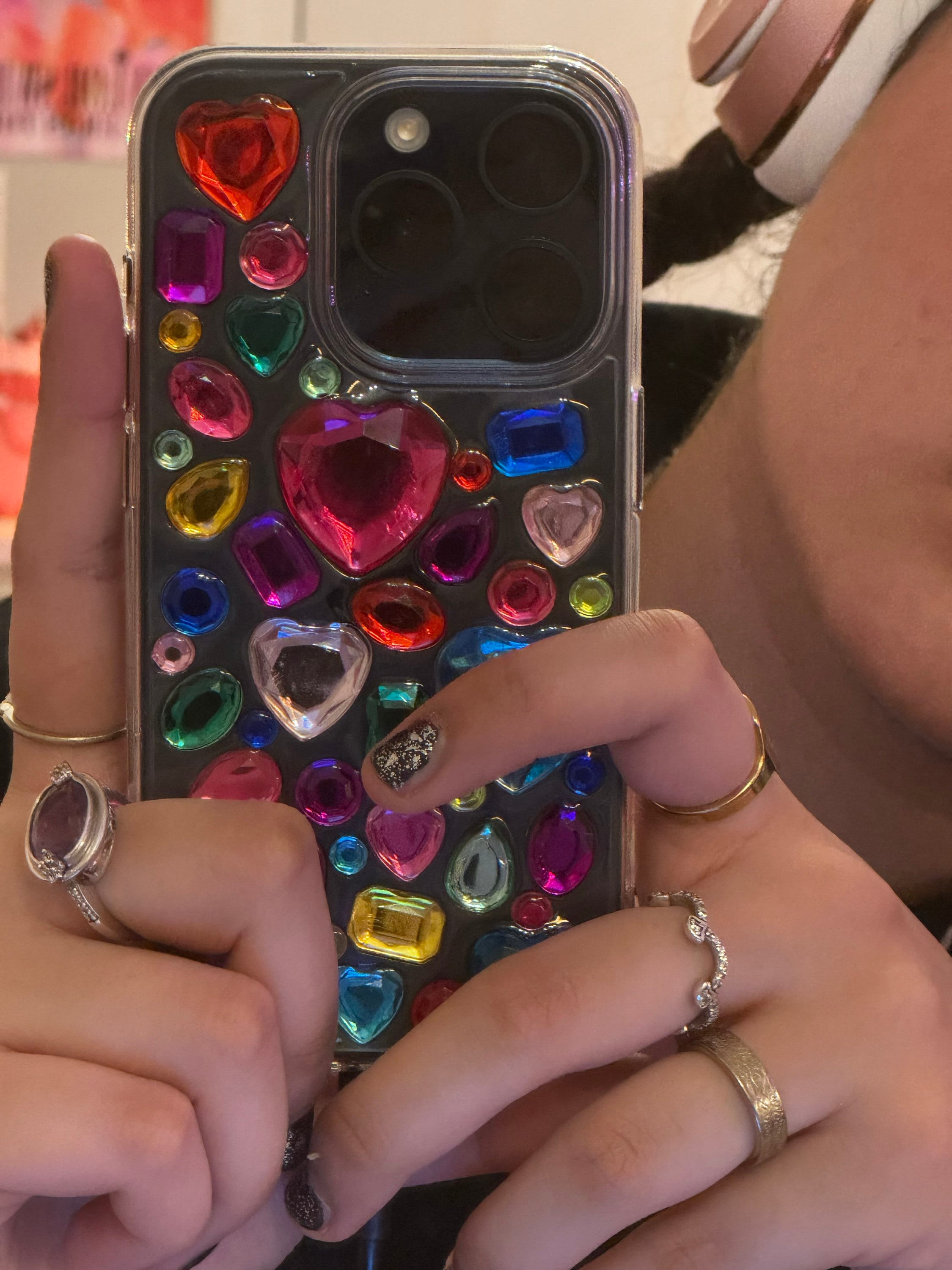 Bling Rhinestone 3D Phone Case, Holographic Insert Phone Case, Glitter iPhone Case, Hearts Phone Case for iPhone 12/13/14/15 Pro Max, Galaxy