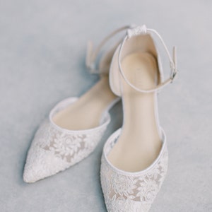White Crochet Lace Pointy Toe Flats Women Wedding Shoes, Bridesmaid ...