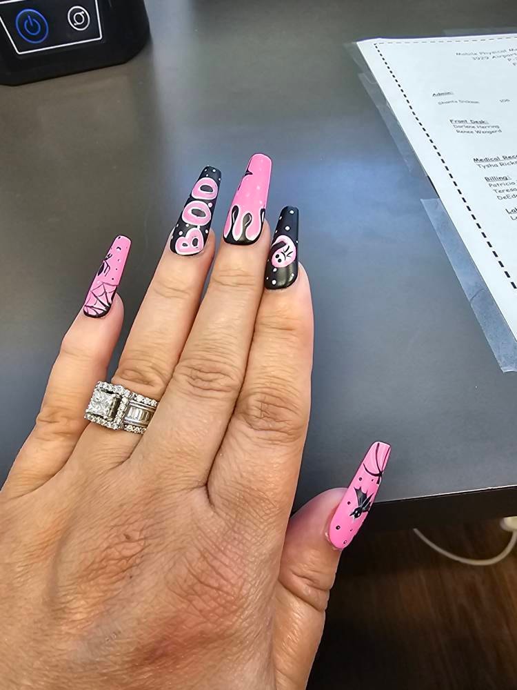 Midnight Magic Fake Nails | Black Pink Halloween Special Press On Nails Stiletto | Hand-made Glue On Nails | Luxury Fake Nails HA4