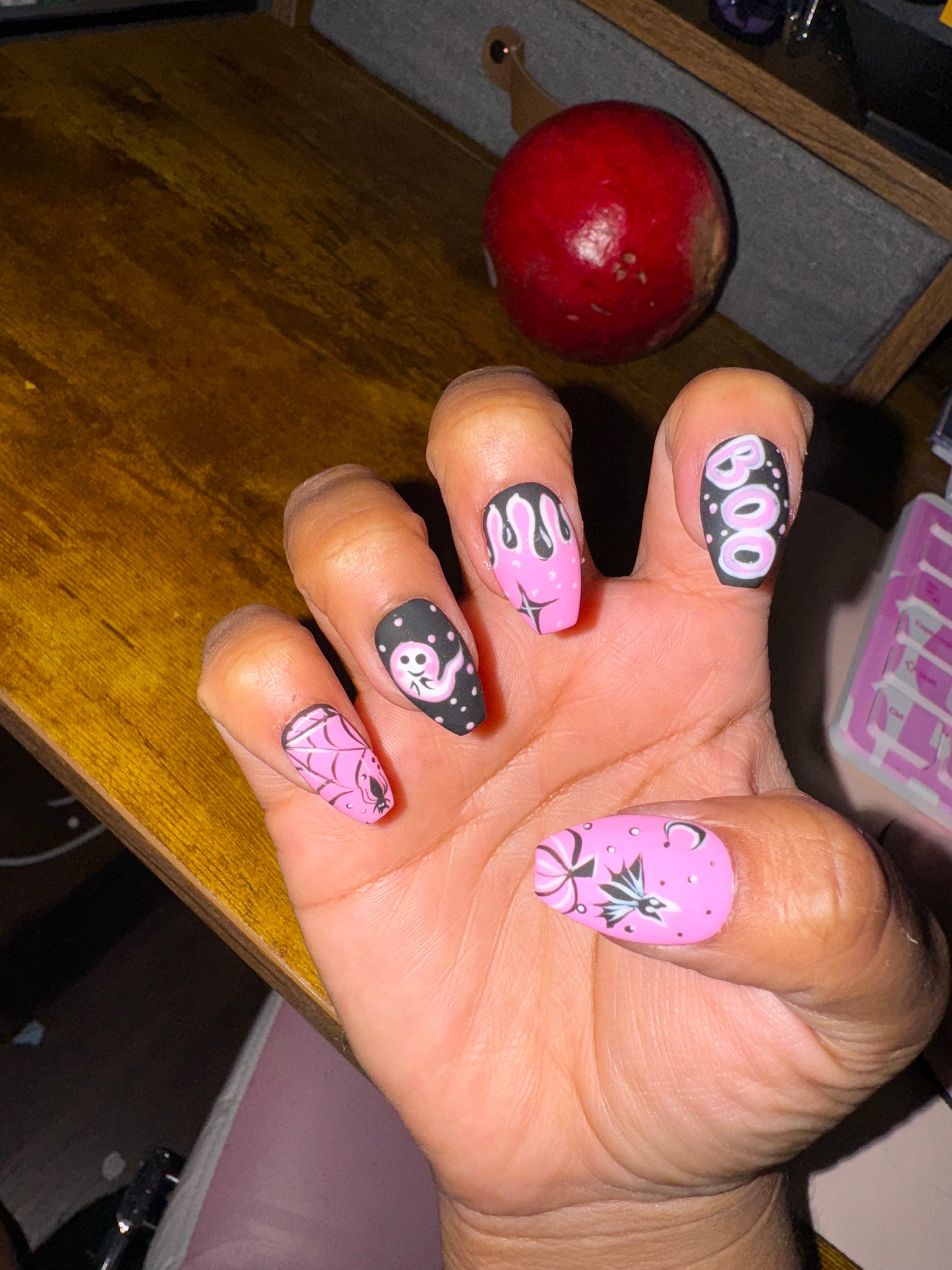 Midnight Magic Fake Nails | Black Pink Halloween Special Press On Nails Stiletto | Hand-made Glue On Nails | Luxury Fake Nails HA4