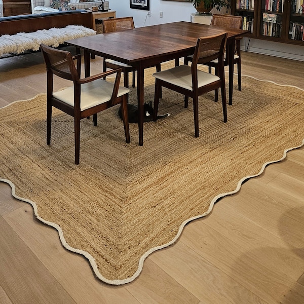 Wave Edge Rug Scallop Jute Rug, Natural Jute Wavy Edge Rug, Scalloped Border Rug ...