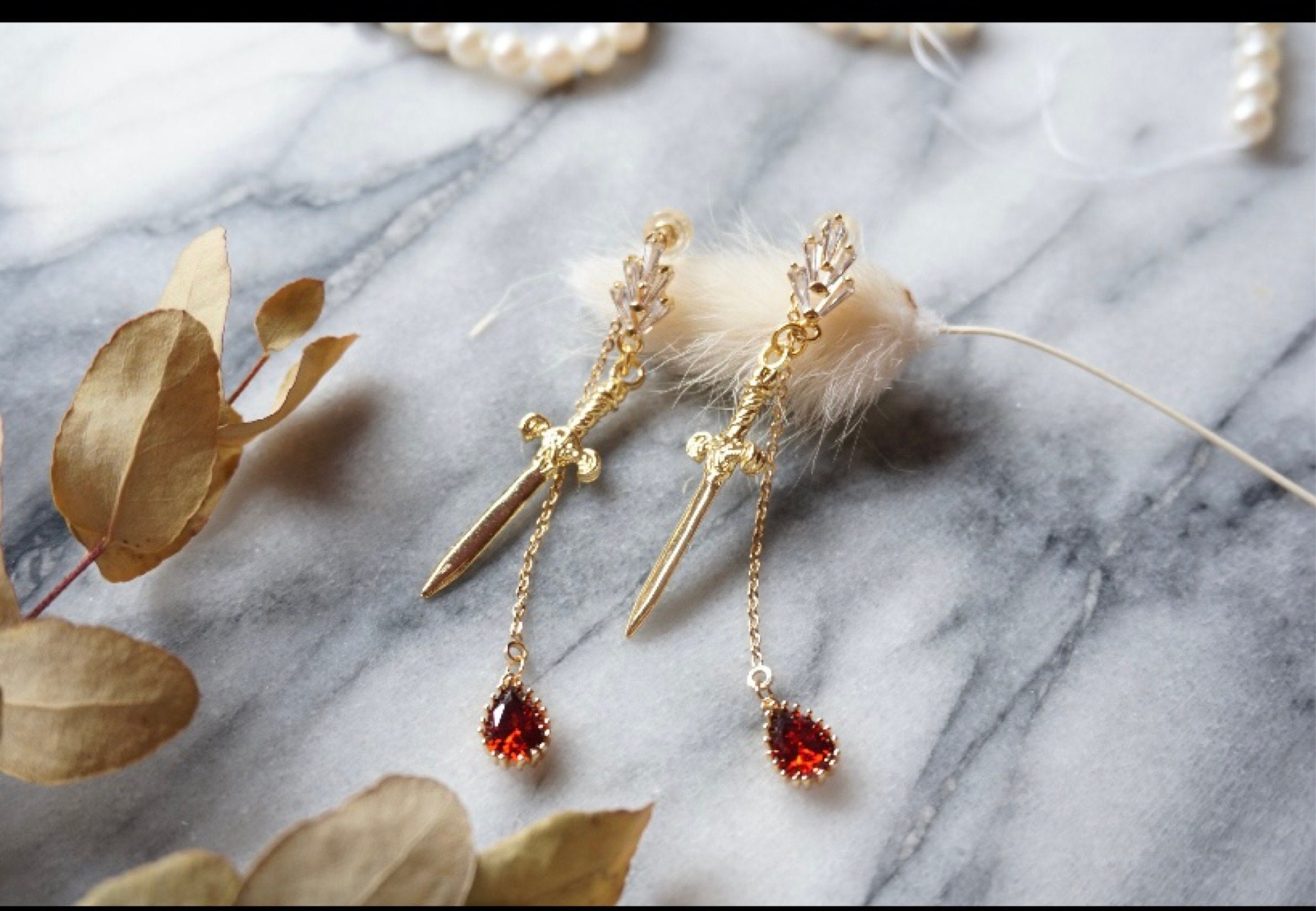 Sword and Blood Drop Dangle 2 Way Earrings / Gold,Silver, Black Deep Red Teardrop Earrings