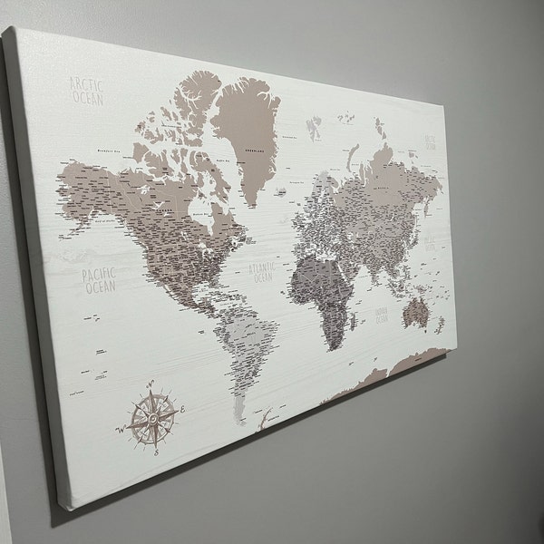 Farmhouse Push Pin World Map Personalized Canvas, Travel Gift, Rustic ...