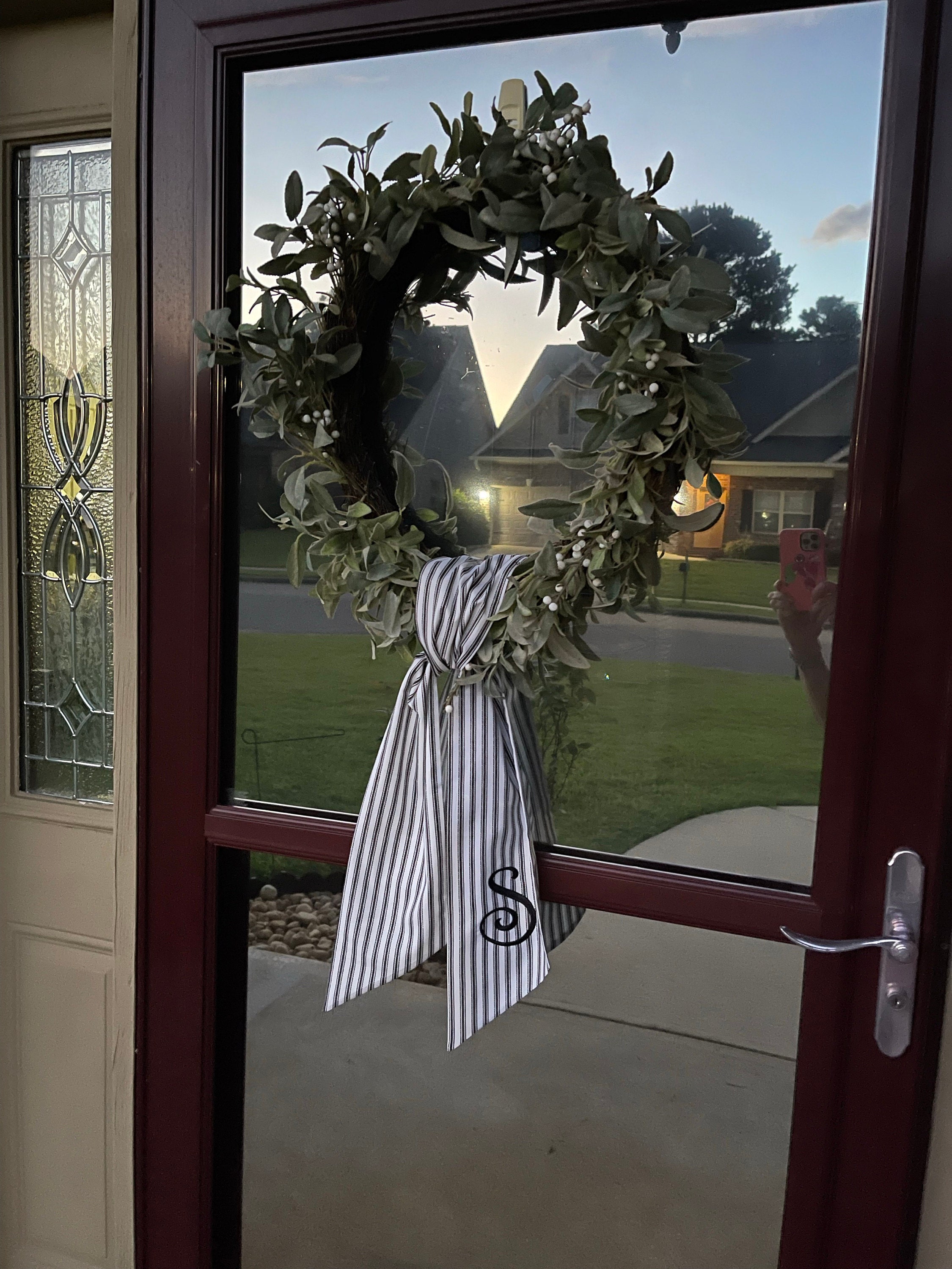 Personalized Black Ticking Stripe Wreath Sash for Front Door, Modern Farmhouse Decor, Striped Embroidered Scarf for Boxwood Wreath, Birthday Gift for Friend