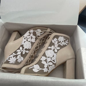 Lace Ivory Wedding Shoes With Block Heels, Flower Embroidered Boots ...