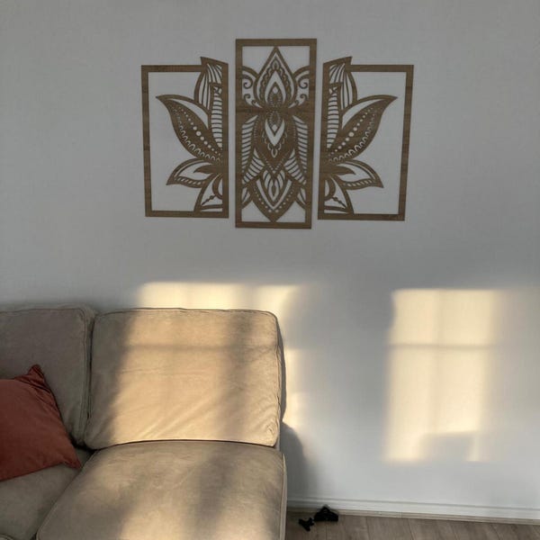 Lotus Mandala Wall Art - Set of 3 Panels Spiritual Zen Wooden Flower ...