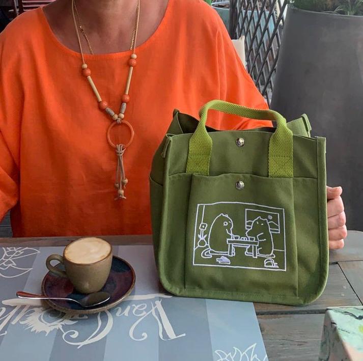Matcha Canvas Tote Bag，Embroidered Cute Cat Design Totebag, Everyday handbag, Versatile Lunch Bag or Art Supplies Carrier, Kawaii School Bag