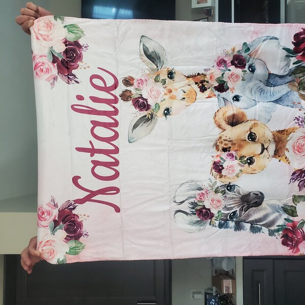 Safari Animals Floral Baby Girl Name Blanket Blush Pink Burgundy Red ...