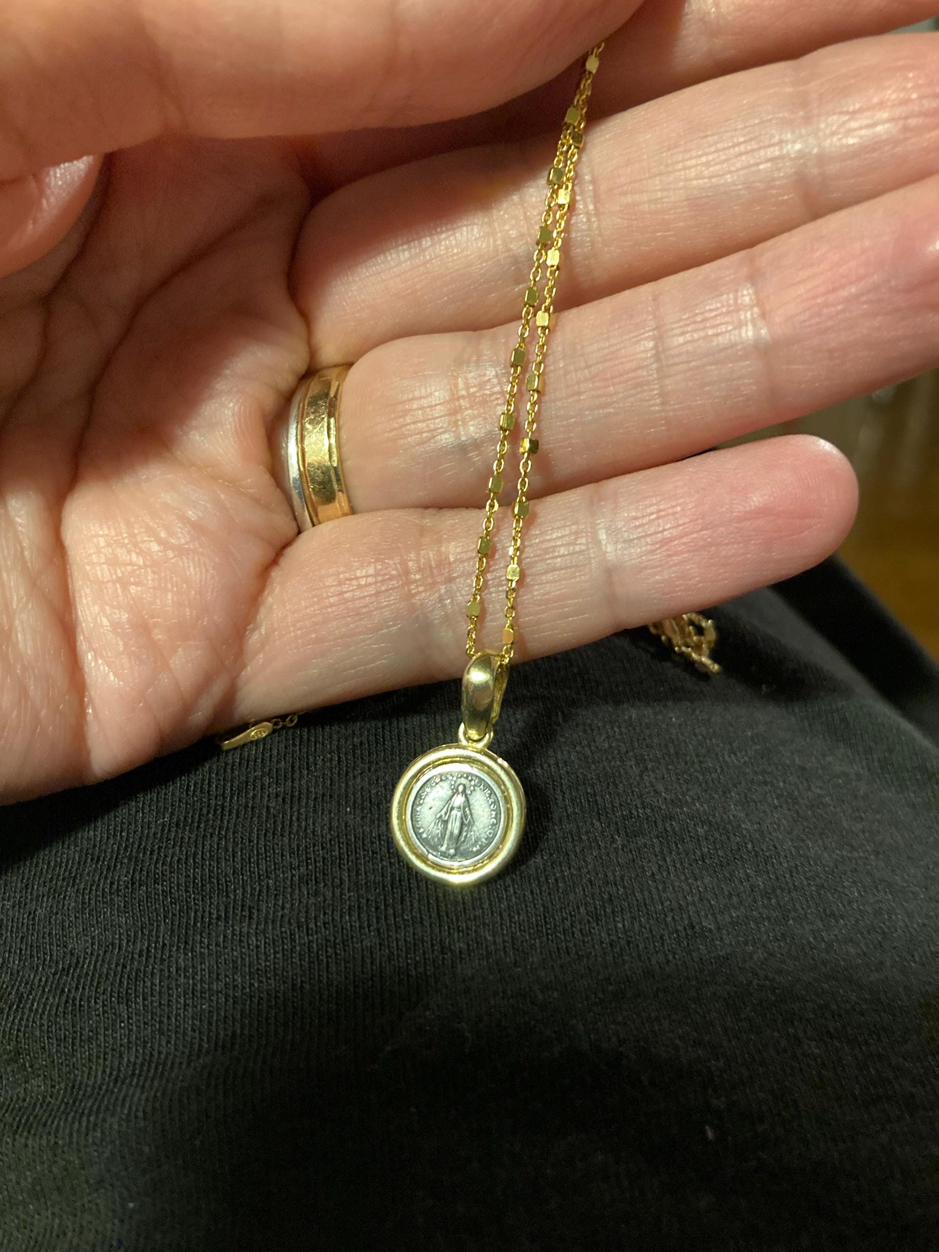 Dainty Miraculous Medal, minimalist medal of Our Lady of Grace,Very small round Virgin Mary pendant, vintage 12 mm sterling silver 925 medal