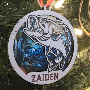 Personalized Fishing Layered Wood Ornament, Custom Fishing Christmas Tree Ornament, Bass Fish Ornament, Xmas Gift for Dad, Husband,Fisherman