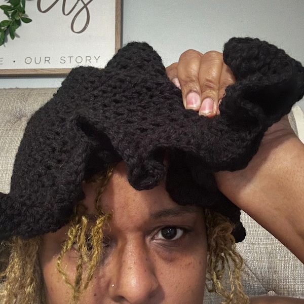 White Crochet Ruffle Bucket Hat Etsy