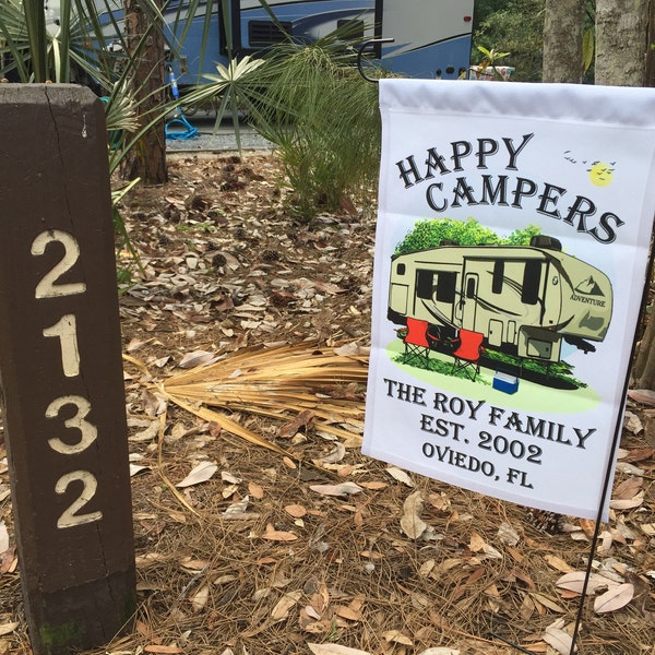 Happy Campers Personalized 5th Wheel Camping Flag, Camping Sign ...