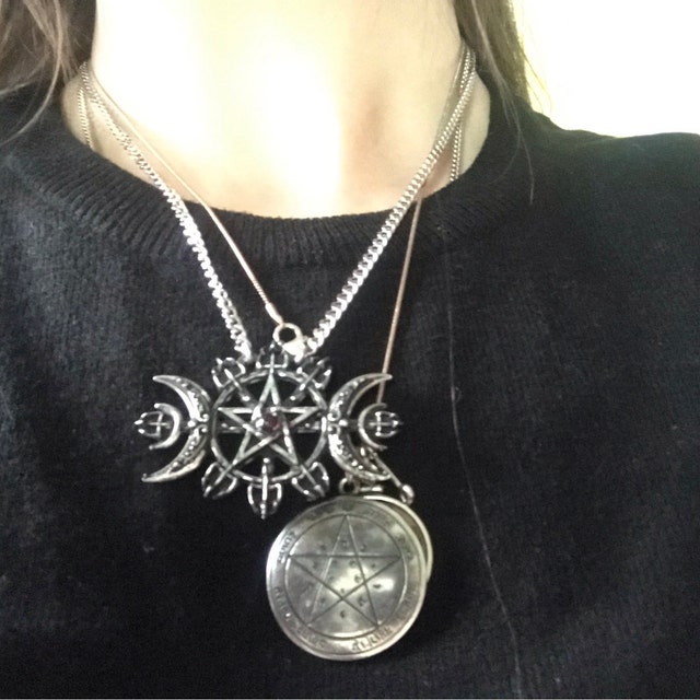 Collana Pentagramma Dea Tripla Luna Eusense - Argento 925 - Ciondolo Ecate Sole E Luna - Gioiello Spirituale Wicca Pagano