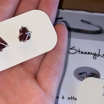 Orecchini Pendenti Granato Rosso Naturale Argento 925 - Fatti A Mano UK