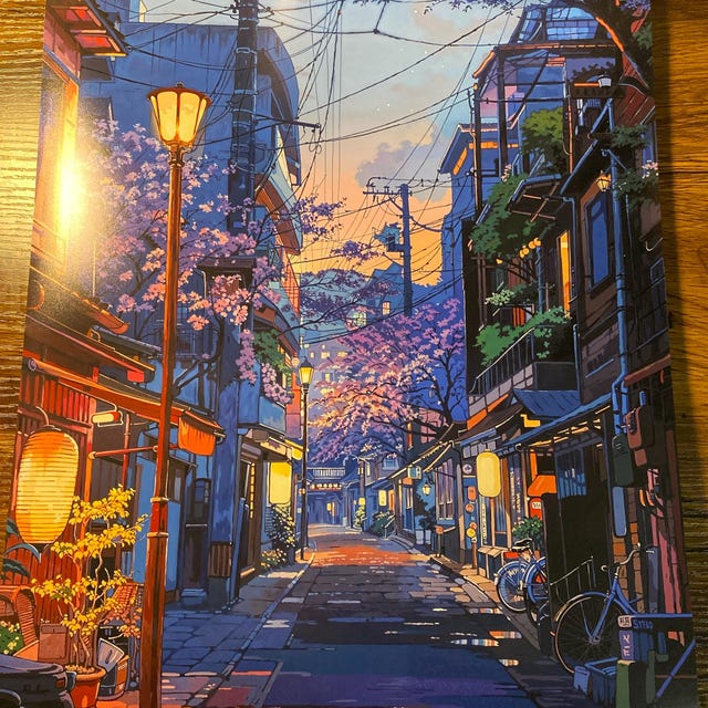 Anime Street Poster, Sunset Sakura Alleyway Art, Japanese Wall Art