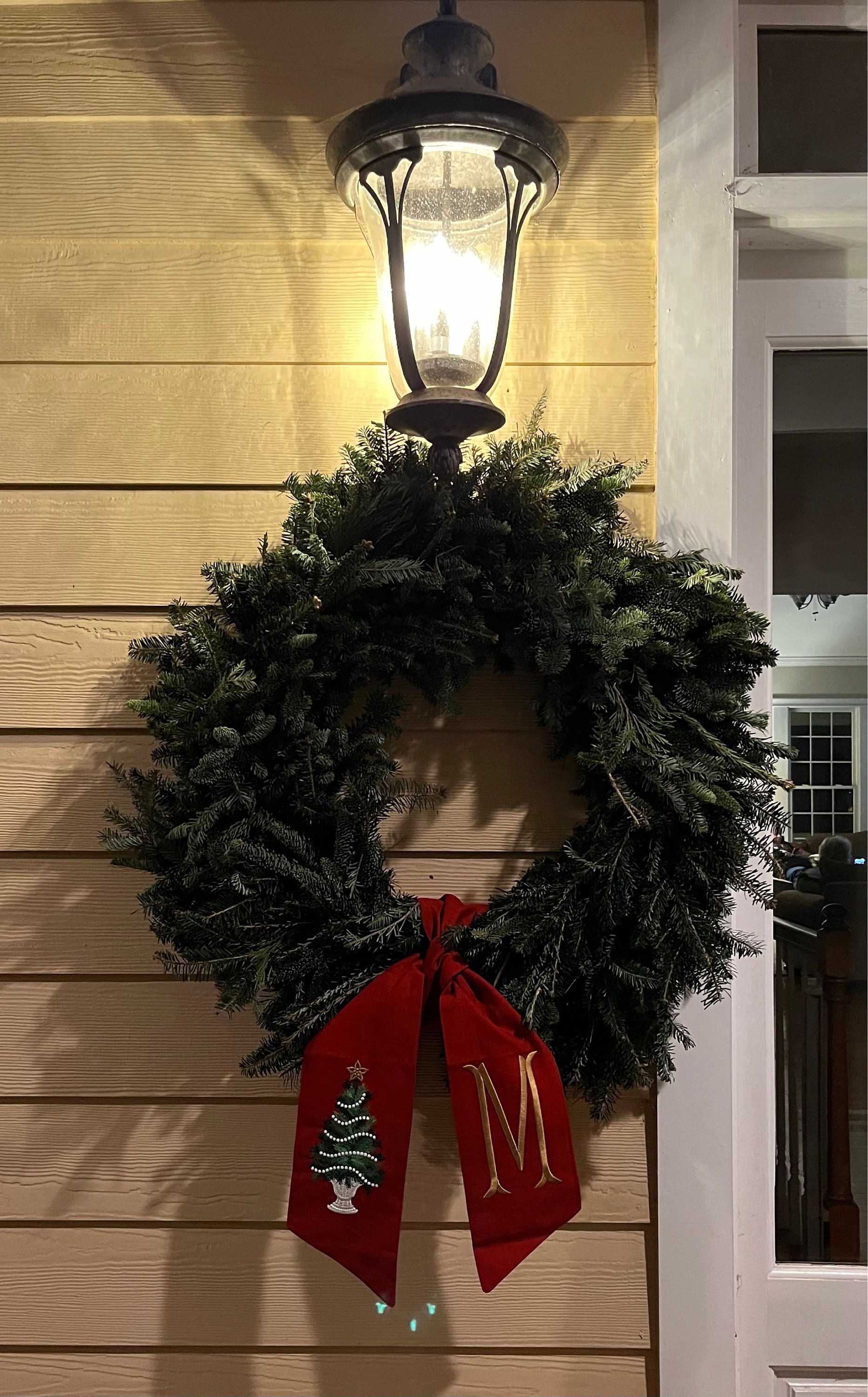 Emerald Green XL Christmas Tree Wreath Sash with Monogram, Wreath Bow, Front Door Christmas Decoration