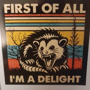 First Of All I'm A Delight Opossum Sticker - 3" Laptop Sticker - Waterproof Vinyl For Car, Phone, Water Bottle - Funny Possum Decal