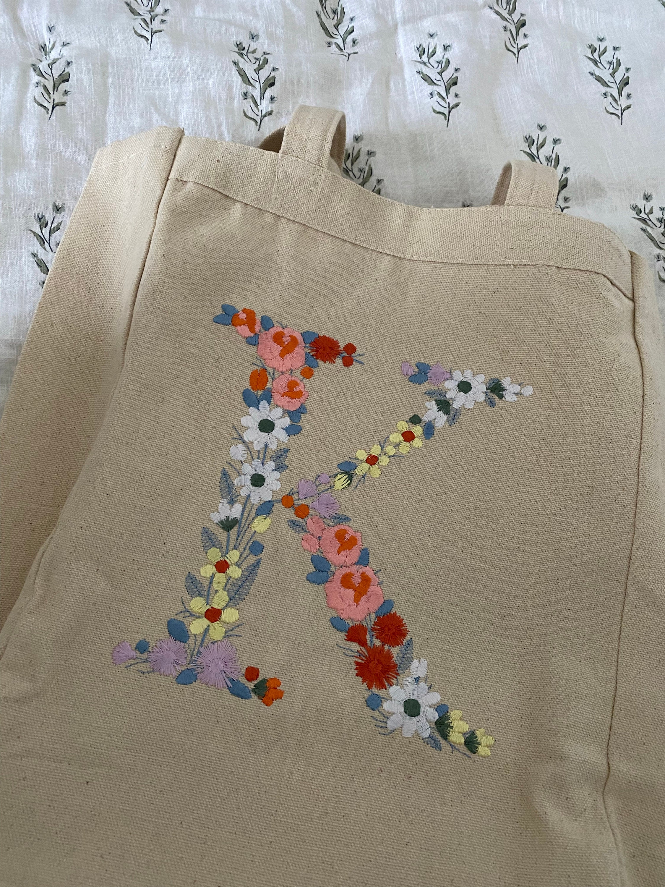 Personalized Embroidered Canvas Tote Bag,Monogram Floral,Natural Tote Bag, Cotton Canvas,Shopping Bag,Book Tote, Laptop Bag