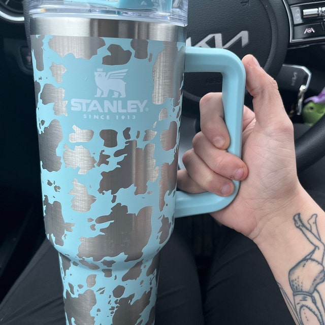 40oz Cow Print Stanley Style Cup with Handle - 360 degree