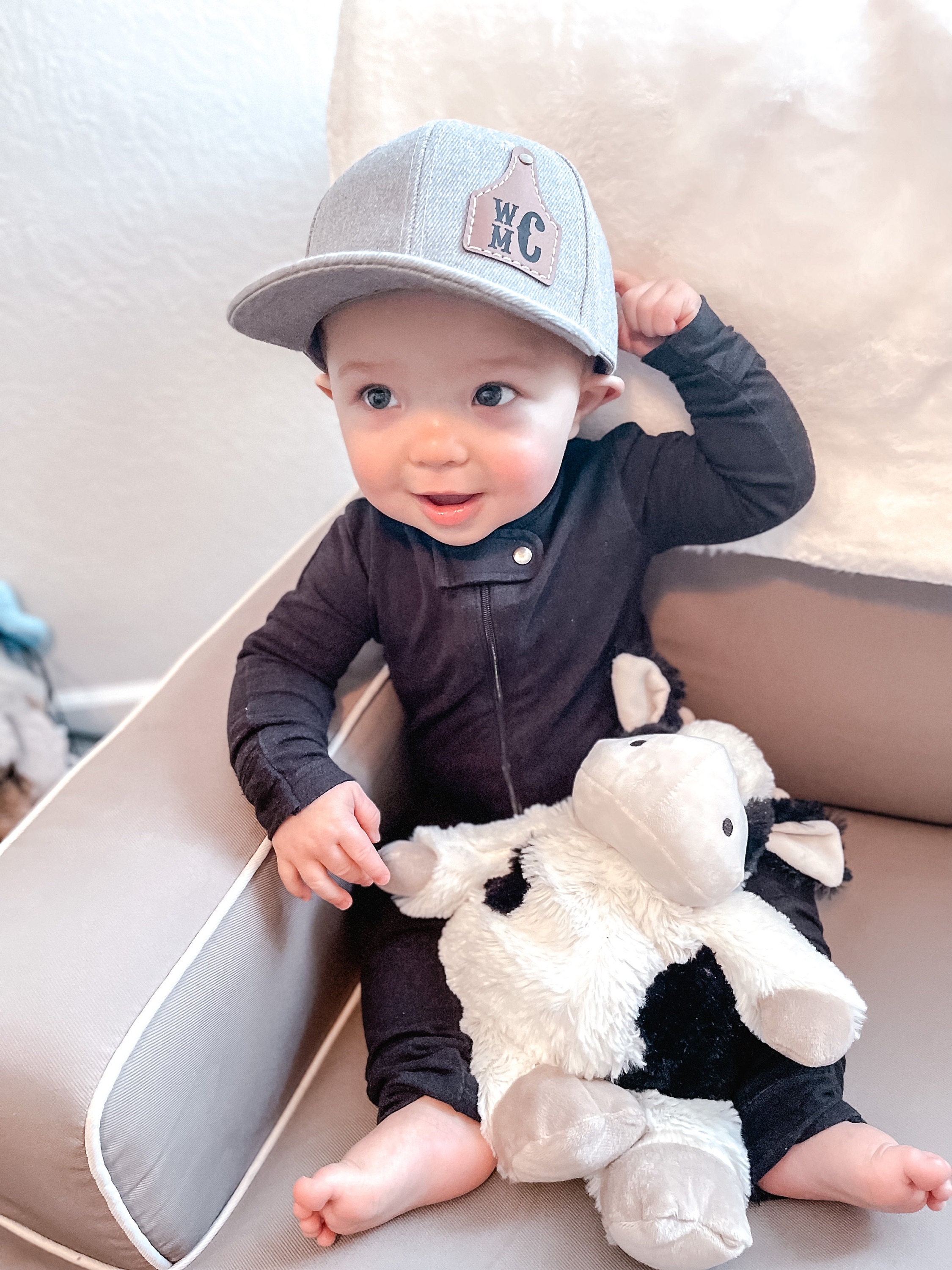 Custom Cow Tag Hat Kid Size, Cattle Tag Rancher Hat, Personalize Baby Toddler Youth kid Cowboy cap, ranch brand logo initials leather patch
