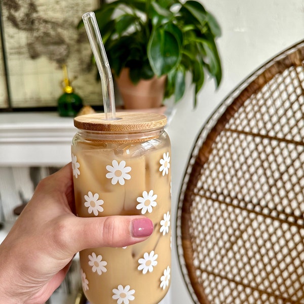 Daisy Iced Coffee Glass Cup | Spring Floral Glass Cup With Bamboo Lid ...
