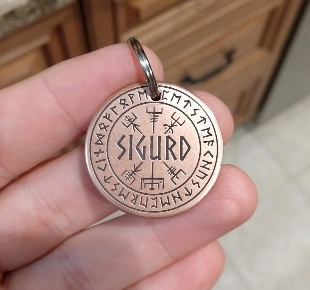 Personalized Pet Tag - Vegvisir / Viking Compass and Runes - Custom Dog Cat Identification Tags - Round
