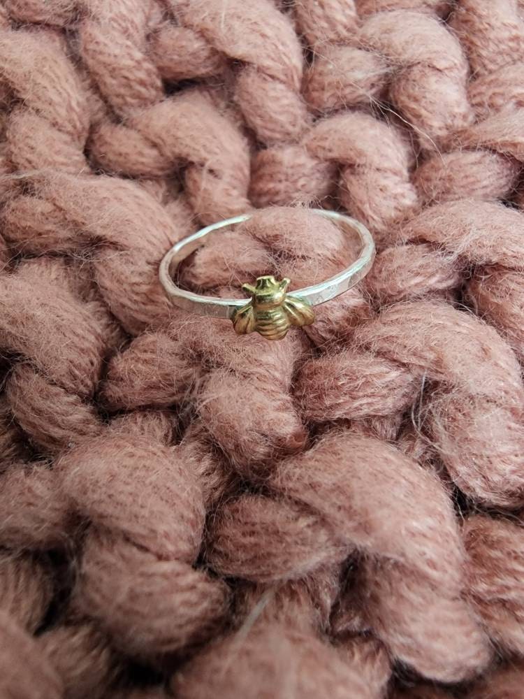 Simple tiny sterling silver bee ring, silver and gold brass stacking ring, hammered band ring, gift for women