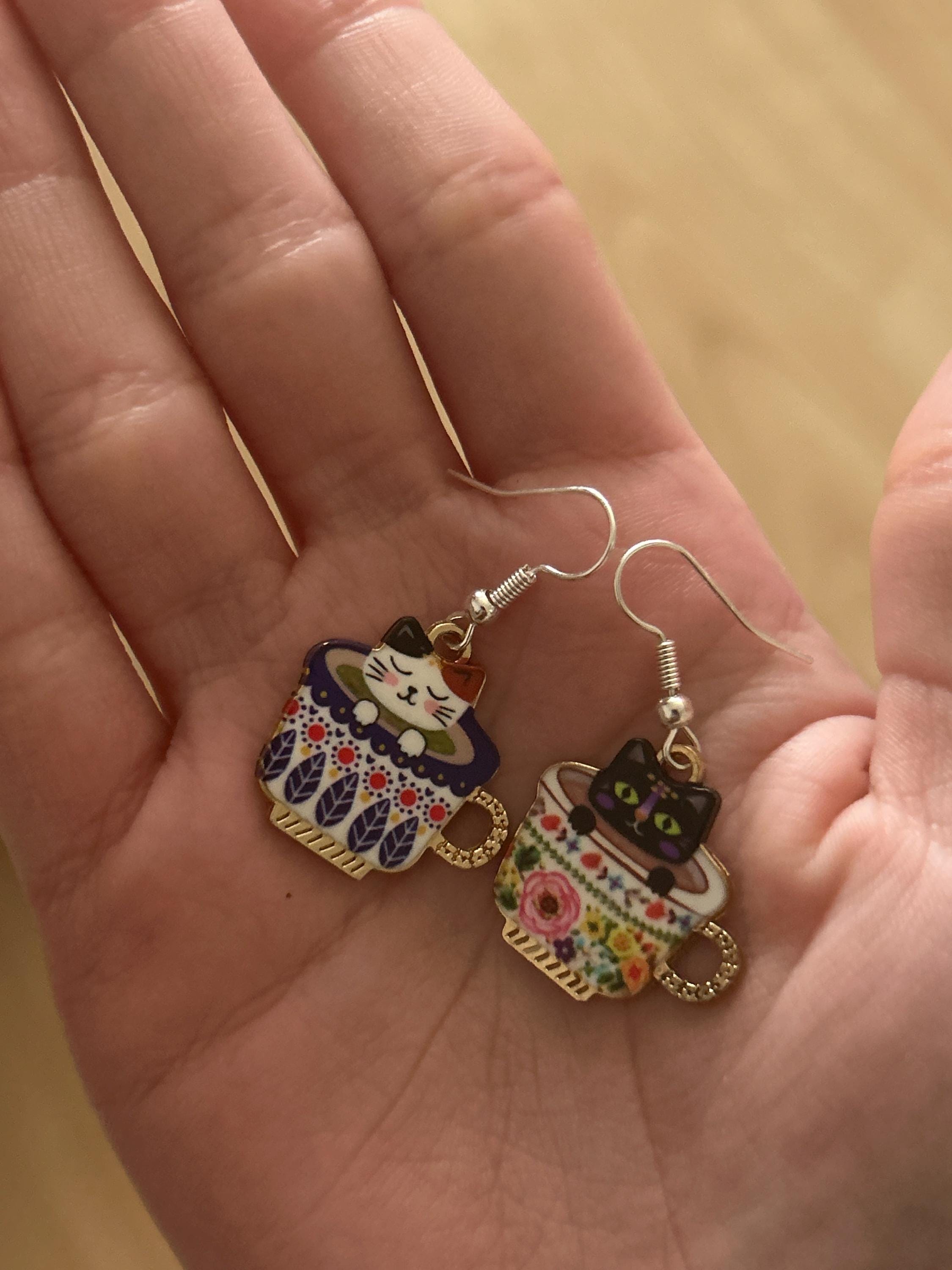Silver dangle/ drop earrings with mismatch cat in a teacup charms, cat earrings, cat jewellery, mismatch earrings
